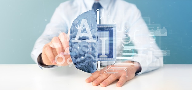 Homem negócio, segurando, inteligência artificial, ícone, com, metade, cérebro, e, meio, circuito, 3d, fazendo Foto Premium