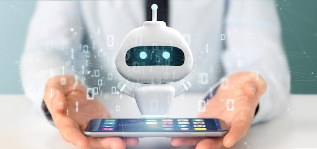 Homem negócios, segurando, chatbot, com, código binário, 3d, fazendo Foto Premium
