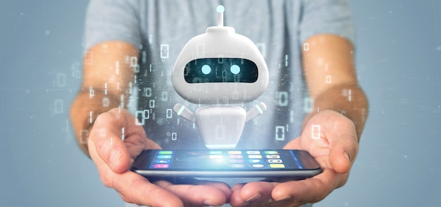 Homem negócios, segurando, chatbot, com, código binário, 3d, fazendo Foto Premium