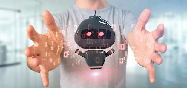 Homem negócios, segurando, vírus, chatbot, com, código binário, 3d, fazendo Foto Premium