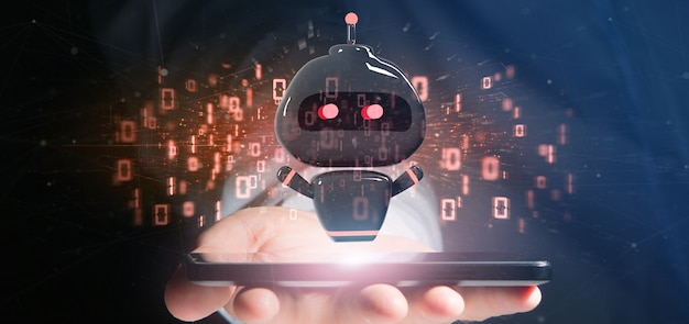Homem negócios, segurando, vírus, chatbot, com, código binário, 3d, fazendo Foto Premium