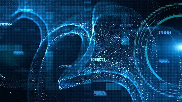 Hud de alta tecnologia e dados com partículas digitais de cor azul fluem conceito de fundo futuro Foto Premium