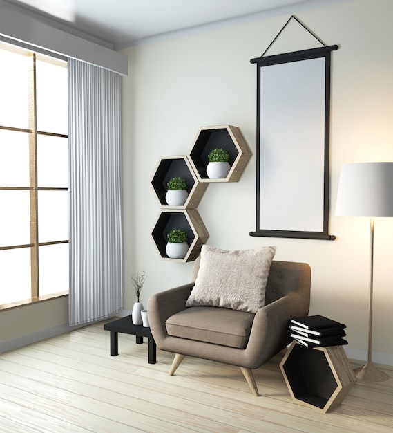Ideia de design de prateleira hexagonal em madeira e poltrona estilo japonês Foto Premium