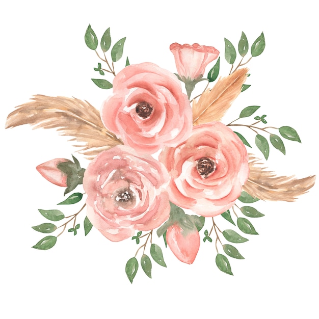 Ilustração em aquarela mão desenhada rosas buquê de flores folhas