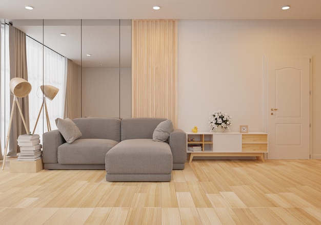 Interior com o sofá cinzento na sala de visitas com parede branca. renderização 3d Foto Premium