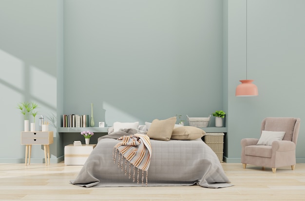Interior do quarto moderno com poltrona e parede azul no interior do quarto espaçoso com manta cinza, renderização em 3d Foto Premium
