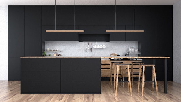 Interior moderno da cozinha com rendição de furniture.3d Foto Premium