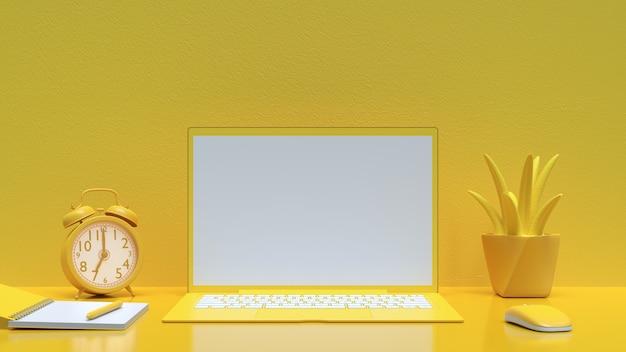 Laptop fundo na mesa de trabalho cor amarela e mock-up para o seu texto com notebook Foto Premium