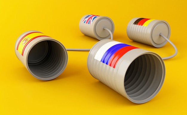 Lata de lata 3d telefones com bandeiras conectadas por seqüência de caracteres Foto Premium