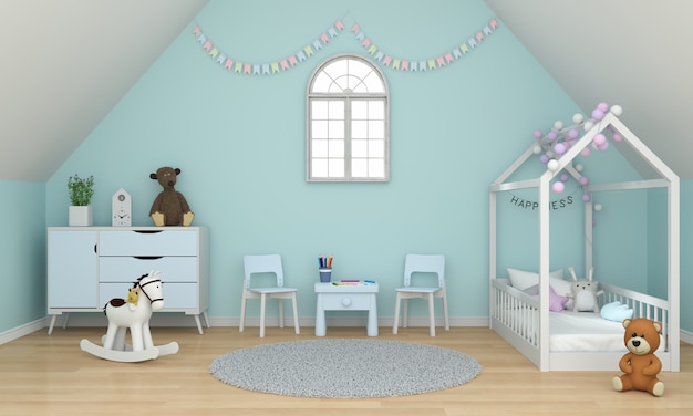 Luz, verde, crianças, sala, interior, sob, a, telhado, para, mockup Foto Premium