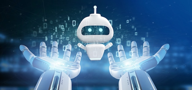 Mão de ciborgue segurando chatbot com código binário de renderização em 3d Foto Premium