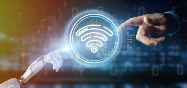 Mão de ciborgue segurando o ícone de wi-fi com estatísticas e código binário Foto Premium