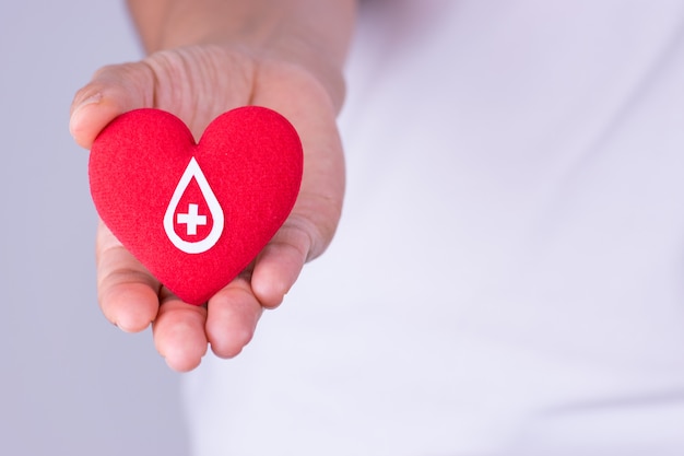 Mão de mulher segurando coração vermelho com sinal de doador de sangue feito de papel branco para conceito de doação de sangue Foto Premium