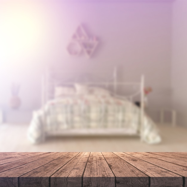 Mesa 3d de madeira com vista para um interior de quarto defocussed Foto gratuita