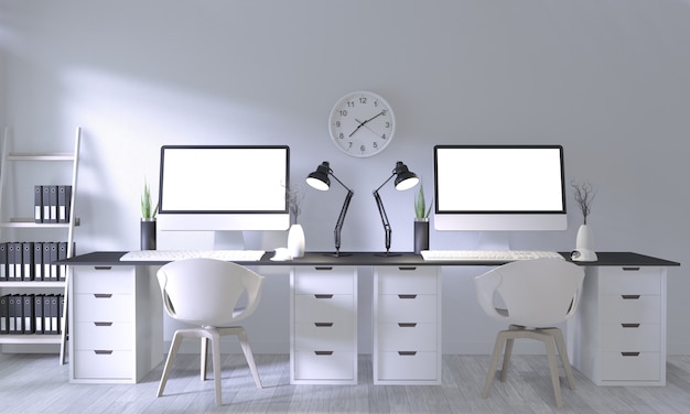 Mock-se escritório de cartaz com design confortável branco e decoração no quarto branco e piso de madeira branco Foto Premium