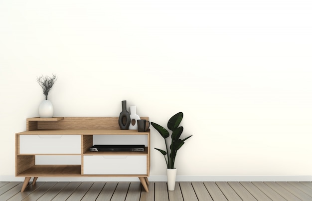 Mock up armário de tv no quarto vazio moderno japonês - estilo zen, desenhos mínimos. renderização 3d Foto Premium