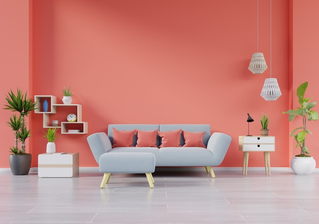 Moderna sala interior com sofá e plantas verdes | Foto Premium