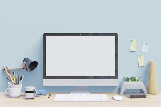 Monitor de computador de maquete na mesa volta azul parede plano de fundo, renderização em 3d Foto Premium