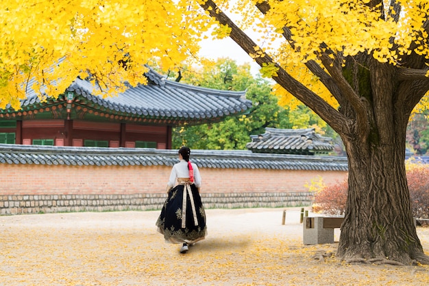 Mulher coreana asiática vestida hanbok no vestido tradicional caminhando em seul, coreia do sul Foto Premium