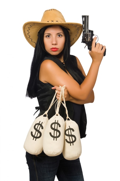Mulher jovem, com, arma, e, dinheiro, sacos Foto Premium
