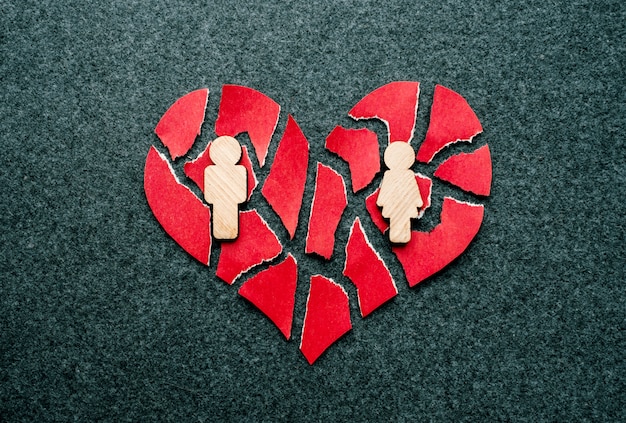 Papel coração partido vermelho com figuras de madeira de homem e mulher |  Foto Premium