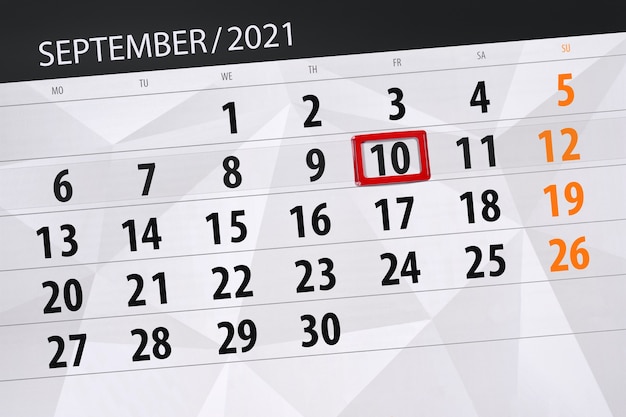 Planejador De Calendario Para O Mes De Setembro De 2021 Prazo Final Dia 10 Sexta Feira Foto Premium