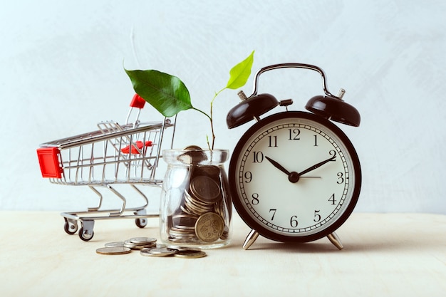 Poupar dinheiro conceito, carrinho de compras ou carrinho com moeda Foto Premium