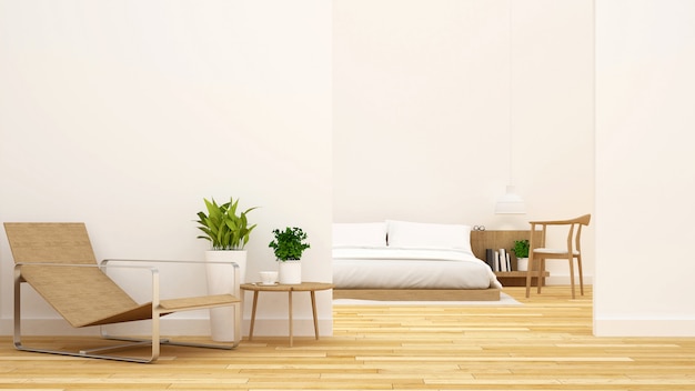 Quarto e sala de estar limpa renderização de design-3d Foto Premium