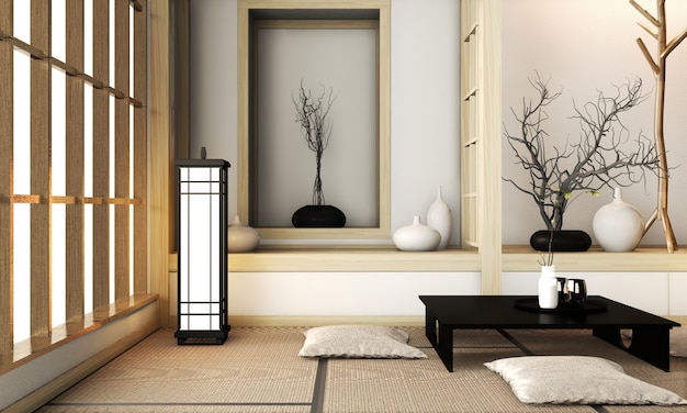 Quarto estilo zen com decoração estilo japonês no tatame. renderização em 3d Foto Premium