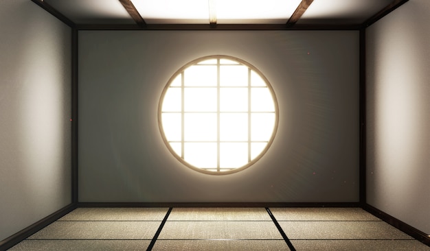 Quarto vazio com esteiras de tatame e janela de papel na sala zen style.3d rendering Foto Premium
