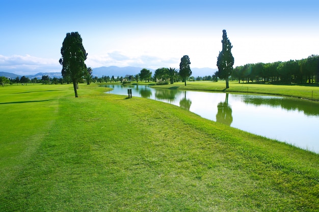 Reflexão do lago do campo de grama verde do campo de golfe Foto Premium