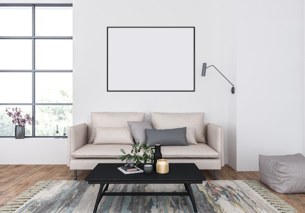 Sala de estar, com, um, bege, sofá, horizontais, quadro, mockup, artwork, fundo | Foto Premium
