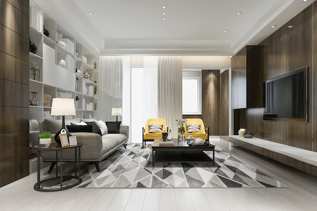 Sala de estar de luxo loft renderização 3d com poltrona amarela com estante Foto Premium