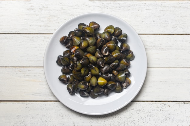 Shijimi molusco bivalve de água doce como concha de amêijoas no prato Foto Premium