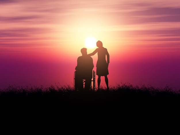 Silhueta 3d de um homem em uma cadeira de rodas com uma mulher contra uma paisagem do sol Foto gratuita