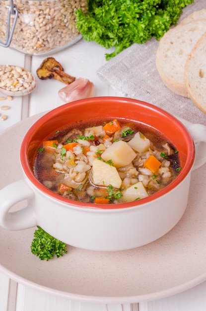 Sopa vegan com cevadinha, legumes e cogumelos Foto Premium