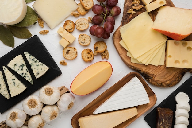 Tipos de queijo com uvas frescas e ingrediente em pano de fundo concreto Foto gratuita