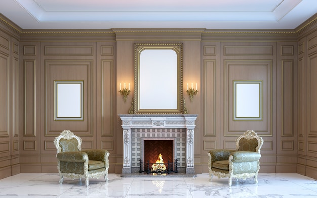 Um interior clássico com painéis de madeira e lareira. 3d rendem. Foto Premium
