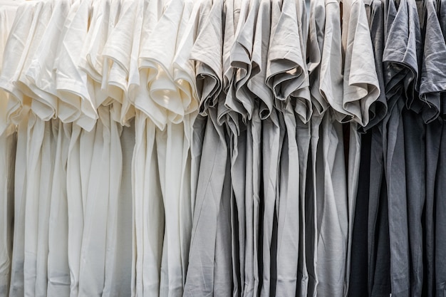 Uma fileira de camiseta pendurada na prateleira Foto Premium