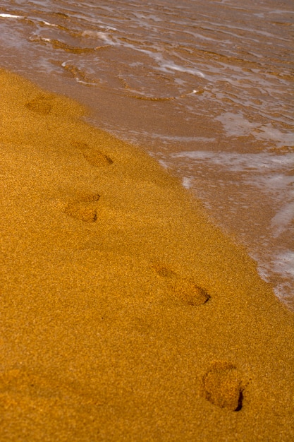 Uma Sequ Ncia De Pegadas Nuas Na Areia Ondas Na Costa Do Mar Praia Arenosa Espuma Na Gua Do