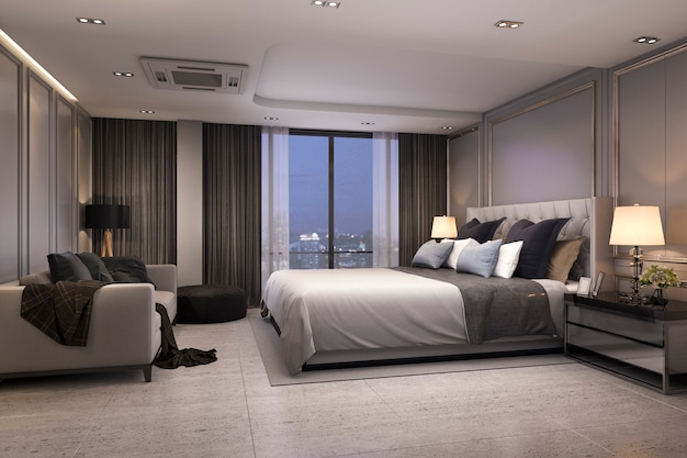 3d, das moderne luxusschlafzimmersuite nachts mit gemütlichem design überträgt Premium Fotos