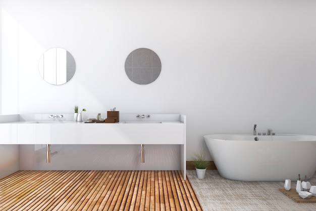 3d, das weiße minimale toilette und badezimmer mit holzfußboden überträgt Premium Fotos