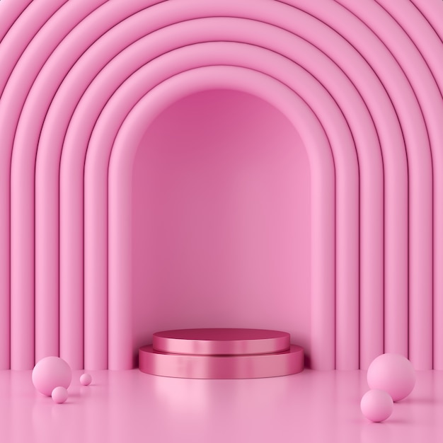 Abstrakter rosa hintergrund mit geometrischem formpodium für produkt. minimales konzept. 3d-rendering Premium Fotos