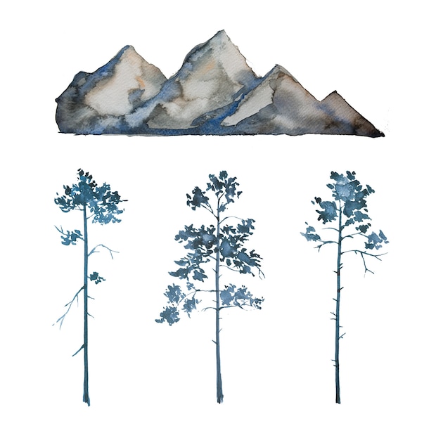 Aquarell Berge Und Baume Handgemalte Clipart Set Isoliert Auf Weissem Hintergrund Premium Foto