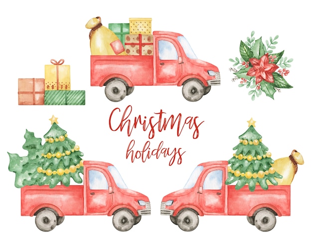 Aquarell Frohe Weihnachten 21 Clipart Frohes Neues Jahr Set Weihnachtselemente Isoliert Weihnachts Lkw Autosammlung Handgemalte Weihnachtsillustration Premium Foto