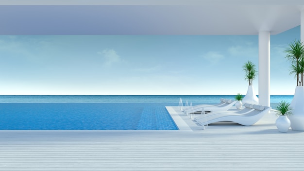 Beach lounge, liegestühle auf der sonnenterrasse und privater pool in der luxusvilla / 3d-rendering Premium Fotos