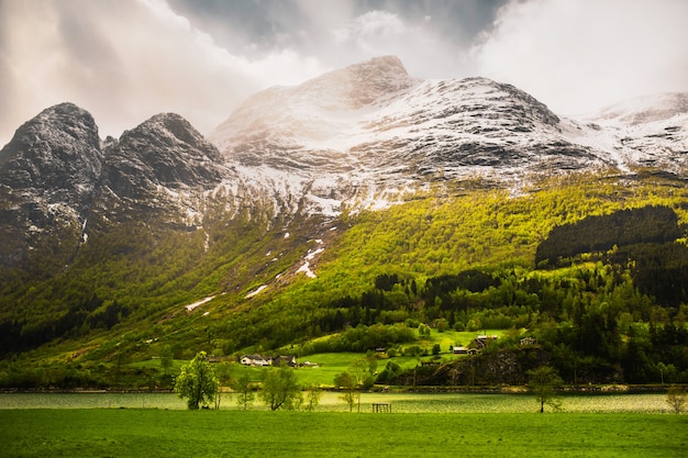 Berglandschaft Am Sonnigen Reisen Sie Durch Europa Fruhlingsnatur In Norwegen Schone Grune Wiese In Skandinavien Schone Landschaft Mit Blick Auf Die Berge Tourismus In Europa Naturhintergrund Premium Foto