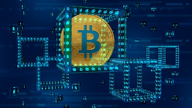 Bitcoin. 3d physische goldene bitcoin im block mit digitalem code. blockchain 3d übertragen. Premium Fotos