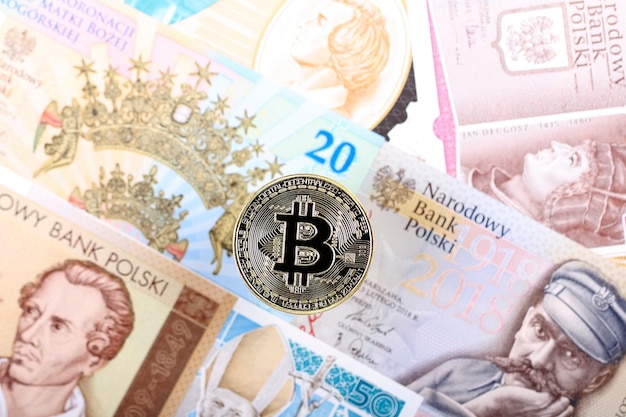 Bitcoin-münze auf dem hintergrund von polnischen banknoten ...