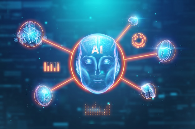 Blauer hologrammroboterkopf, künstliche intelligenz. konzept neuronale netze, autopilot, robotisierung, industrielle revolution 4.0. 3d abbildung, wiedergabe 3d. Premium Fotos